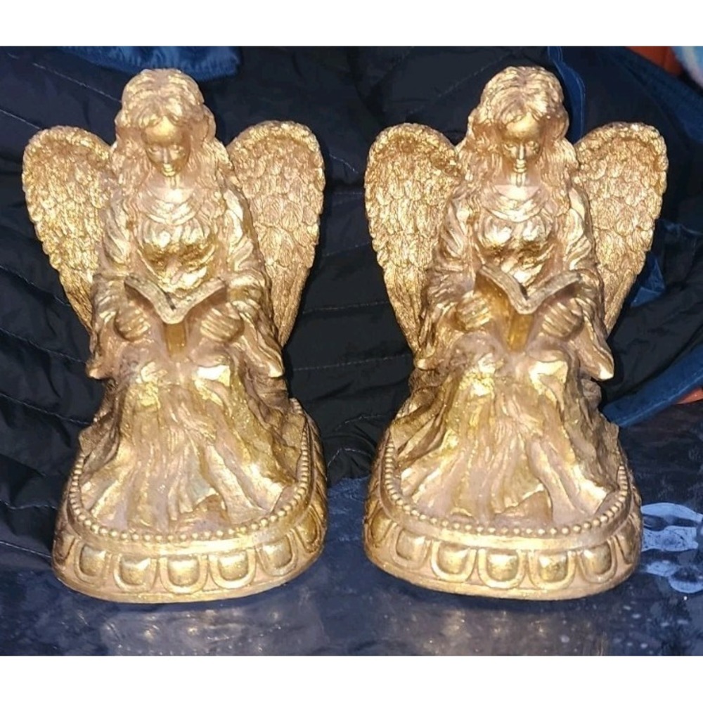 Vtg Gold Angel Bookends Reading Cherub Figurine Heavy 1996 resin Grannycore Y2K